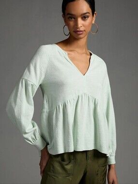 Pilcro Anthropologie Sage Green Babydoll Top Long Sleeve Size M